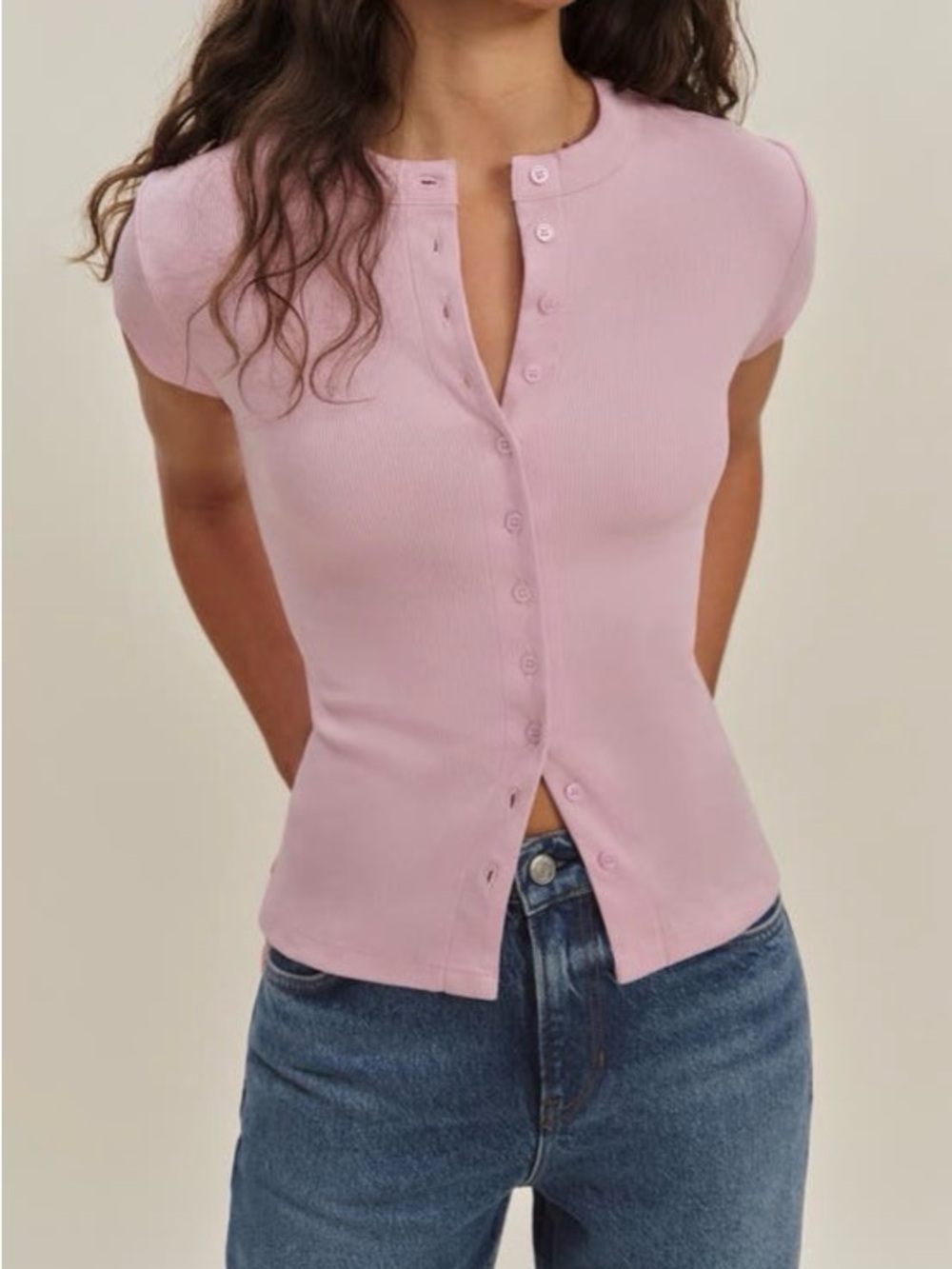Reformation Pink Raelynn Organic Cotton Button-Up Knit Top